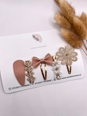 Setje haarspeldjes Tess. Klikklak en alligator speldjes. Roze en goud.